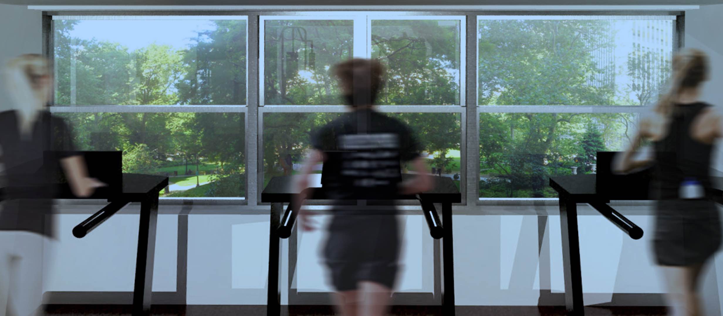 People running on treadmills in fitness center looking out glass windows